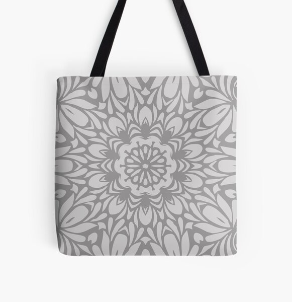 Grey Abstract Leafy Floral Mandala All Over Print Tote Bag