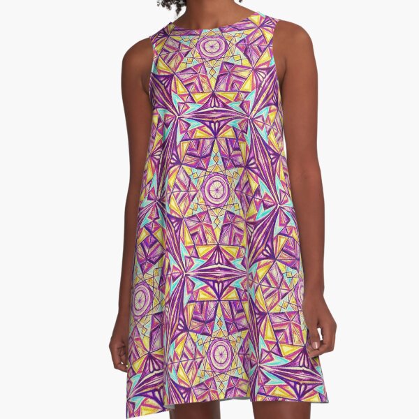 Kaleidoscope Sacred Geometry Purple Yellow Pattern A-Line Dress