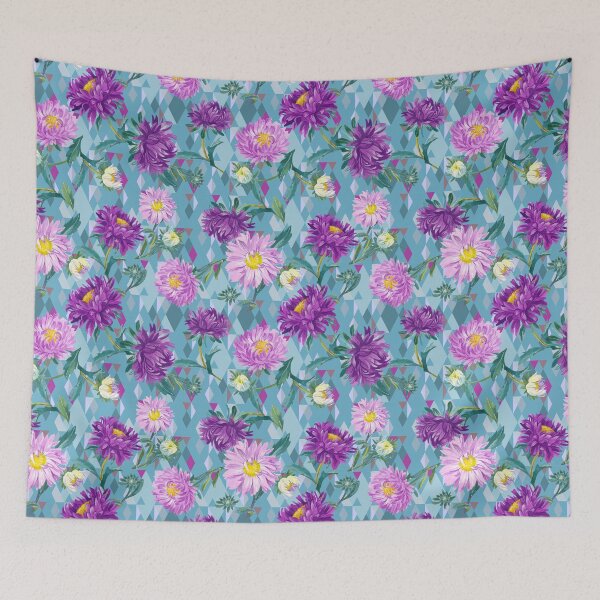 Item preview, Asters on green-blue Argyle background designed and sold by Irina Ivanova.