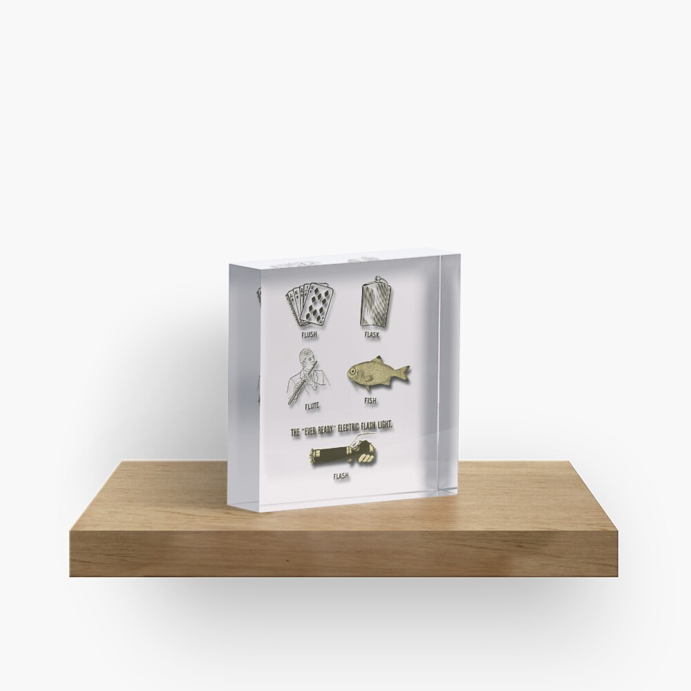 Flush, Flask, Flute, Fish, Flash Fun In Gold Tones Acrylic Block