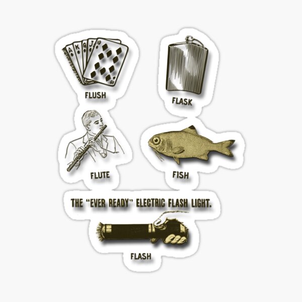 Flush, Flask, Flute, Fish, Flash Fun In Gold Tones Sticker
