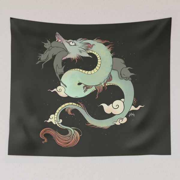 Item preview, Chinese Dragon With Wolf Head And Black Cats Surreal Artwork designed and sold by cellsdividing.