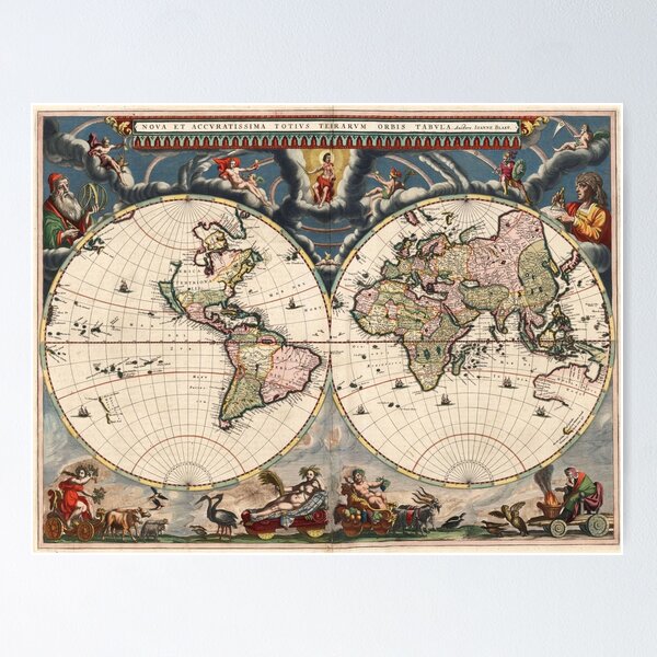 Artikel-Vorschau von Vintage Historische Detaillierte Weltkarte, Dunkle Farben, Böhmische Karte, designt und verkauft von easteuromaps.