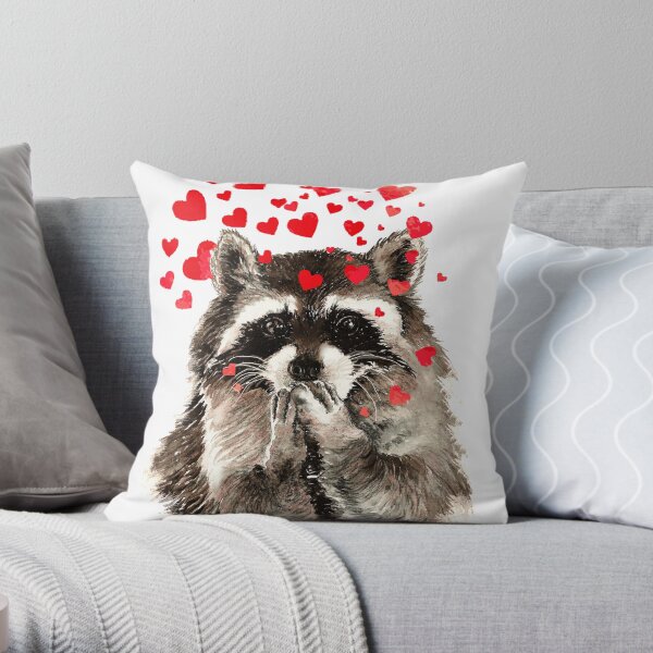 Cute Watercolor Raccoon Blowing Kisses & Hearts Throw Pillow