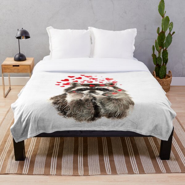 Cute Watercolor Raccoon Blowing Kisses & Hearts Throw Blanket