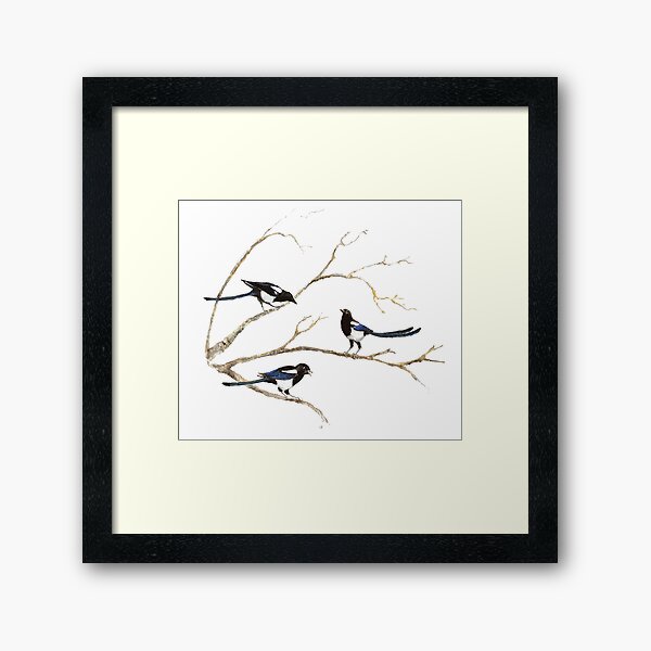 Watercolor Magpie Bird Family Framed Art Print
