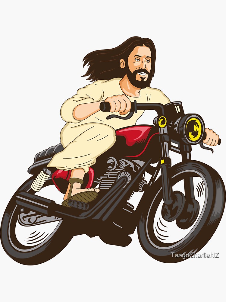 Thumbnail 3 of 3, Sticker, Christ on a Motor Bike - Funny Religious Lord Jesus Church Group Easter Gift designed and sold by TangoCharlieNZ.