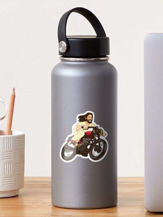 Thumbnail 1 of 3, Sticker, Christ on a Motor Bike - Funny Religious Lord Jesus Church Group Easter Gift designed and sold by TangoCharlieNZ.