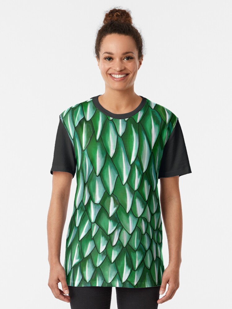 Green Dragon Scales Mermaid Reptile Print Graphic T-Shirt for
