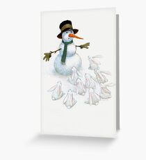 Snowman with Carrot Nose Facing Hungry Bunnies Greeting Card
