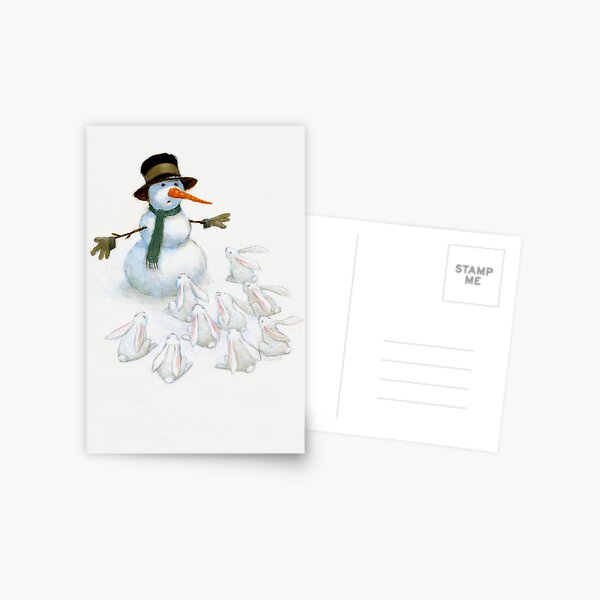 Snowman with Carrot Nose Facing Hungry Bunnies Postcard