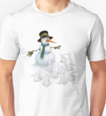 Snowman with Carrot Nose Facing Hungry Bunnies Slim Fit T-Shirt