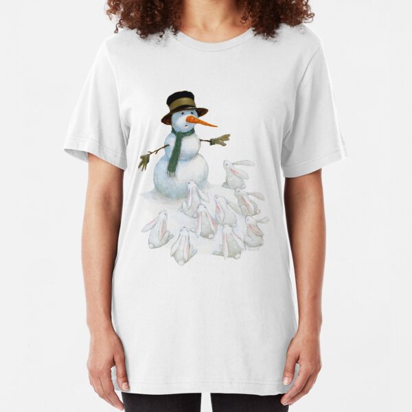 Snowman with Carrot Nose Facing Hungry Bunnies Slim Fit T-Shirt