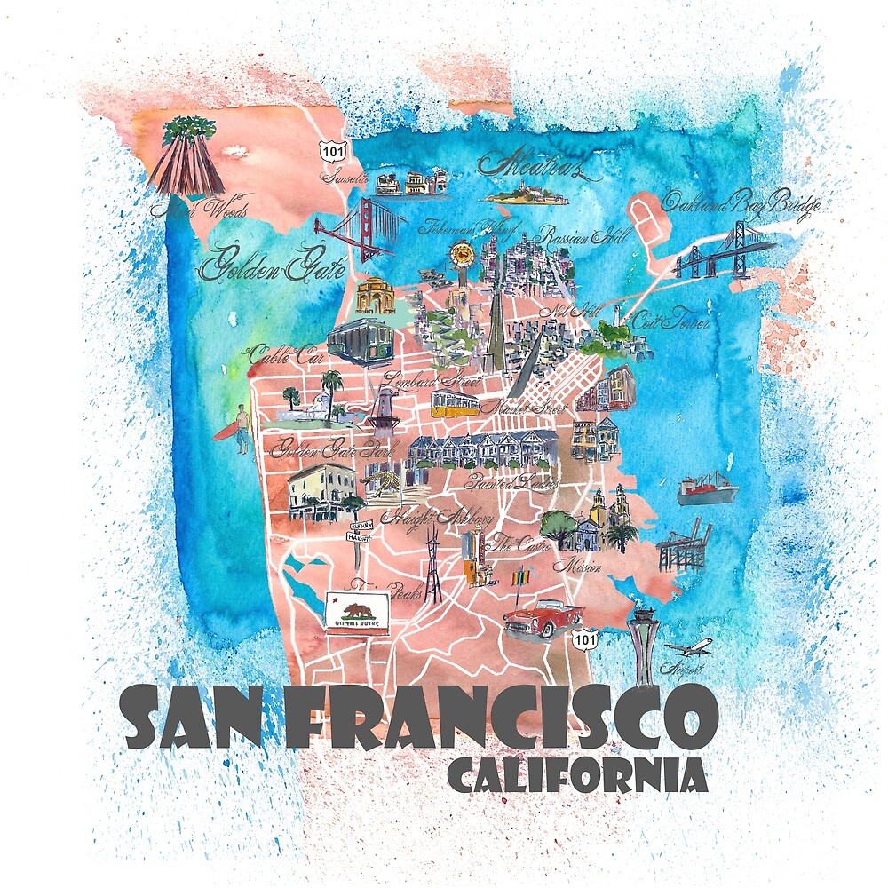 "San Francisco Illustrated Travel Map with Main Roads, Landmarks and