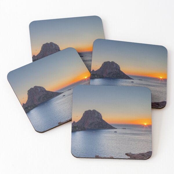 Item preview, Es Vedra with the sun setting behind the mountains on the mainland designed and sold by TheGecko02.