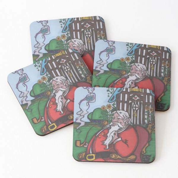 Item preview, Old Father Christmas in red smoking his pipe outside the cottage illustration designed and sold by KristaPeacock.