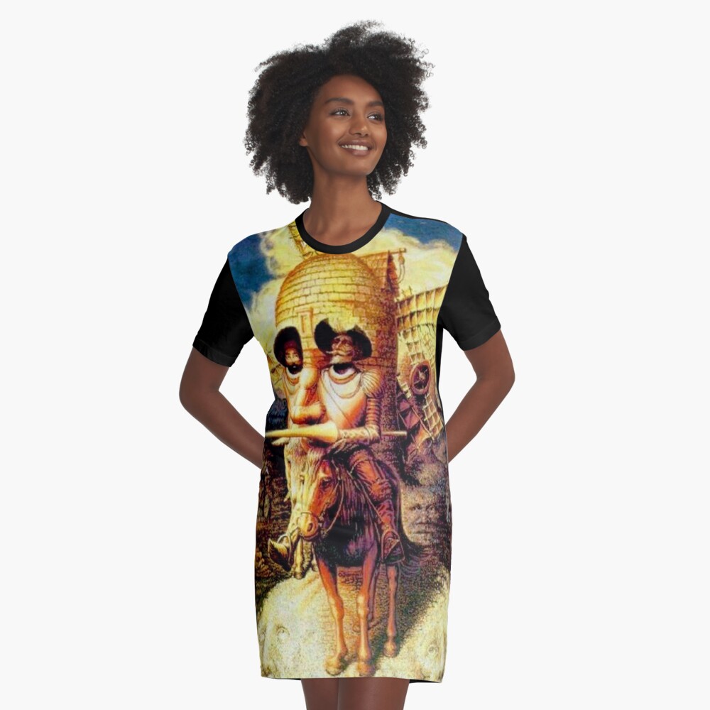 DON QUIXOTE : Vintage Abstract Dali Tilting at Windmills Print Graphic T-Shirt Dress