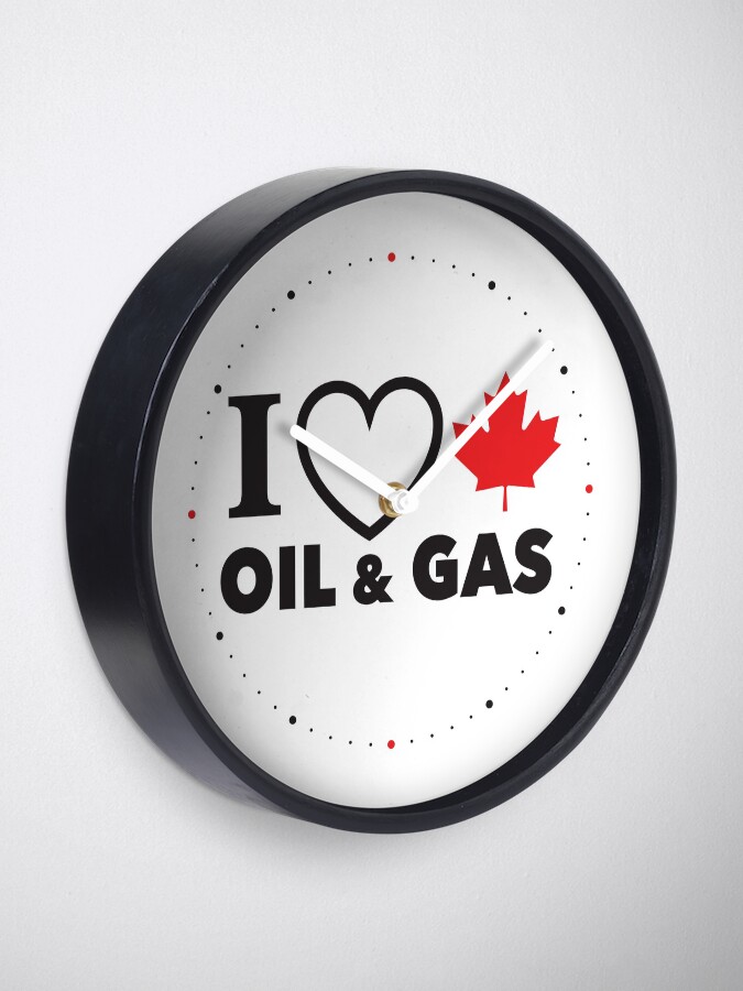 Alternate view of I Love Canadian Oil and Gas Red Heart and Maple Leaf Alberta Pipelines MCGA White background HD HIGH QUALITY ONLINE STORE Clock