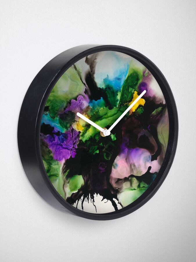 Alternate view of Freeflowing Alcohol Ink artwork (purple and green) "Mixed emotions" Clock