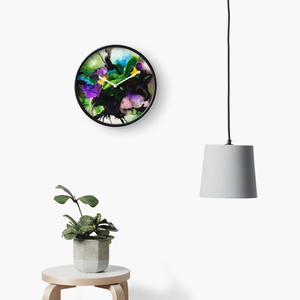 Freeflowing Alcohol Ink artwork (purple and green) "Mixed emotions" Clock