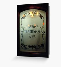 Etched glass door in Midland's pub, England, UK Greeting Card