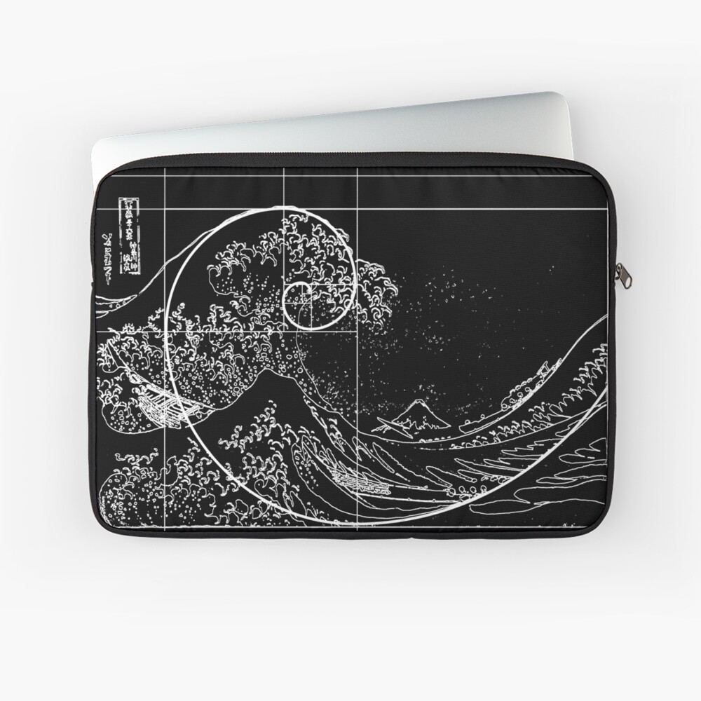 Hokusai Meets Fibonacci, Golden Ratio, White Line Laptop Sleeve