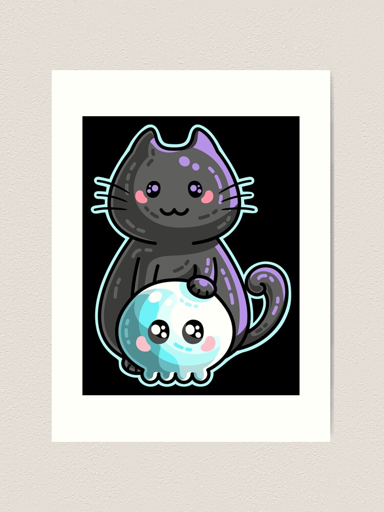 Kawaii Cute Black Cat and Skull Art Print for Sale by Fiona