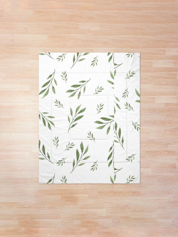 Green Leaves And Twigs On A White Background Comforter By