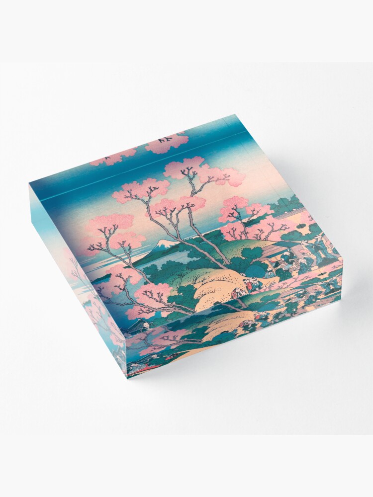 Alternate view of Spring Picnic under Cherry Tree Flowers, with Mount Fuji background Acrylic Block