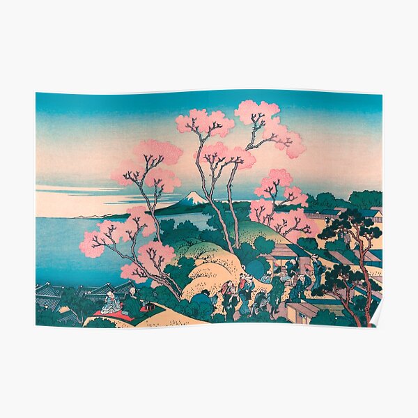 Spring Picnic under Cherry Tree Flowers, with Mount Fuji background Poster