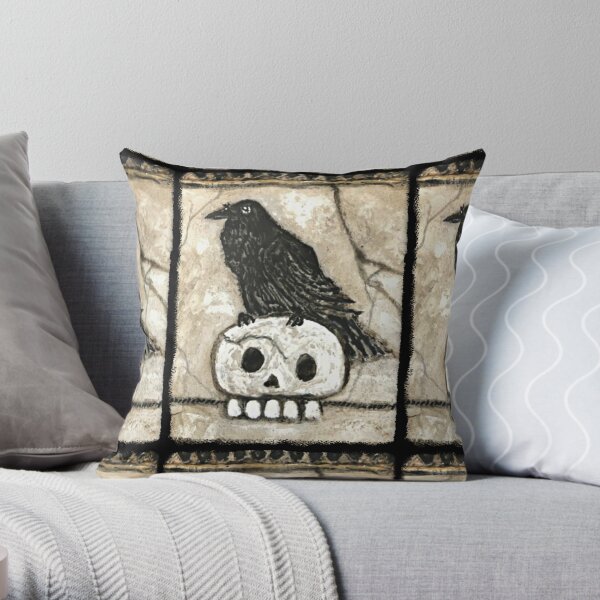 Black Raven Skull Edgar Allen Poe Stone Look Gothic Throw Pillow