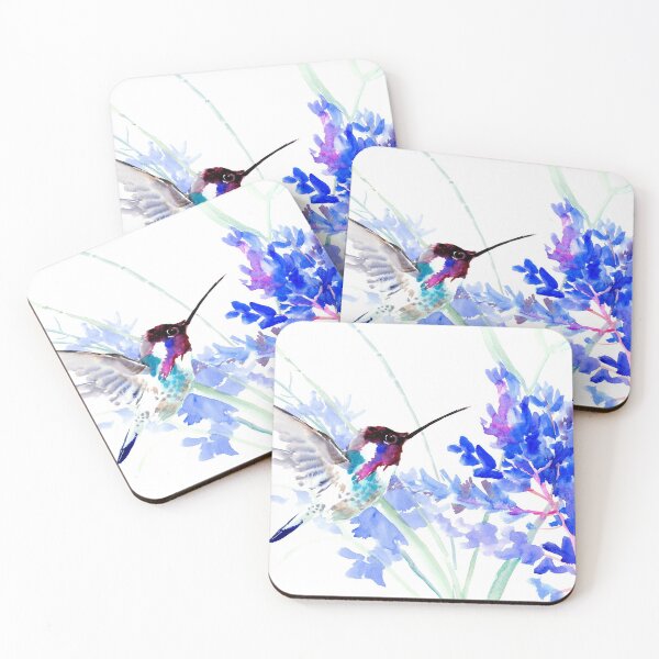 Flying Hummingbird anf Blue Flowers Coasters (Set of 4)