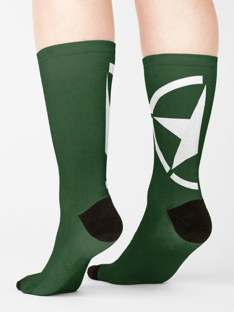Alternate view of AMERICAN ARMY. STAR, Star & Circle, Jeep, WWII, America, American, Americana, USA, White, on Army Green. Socks