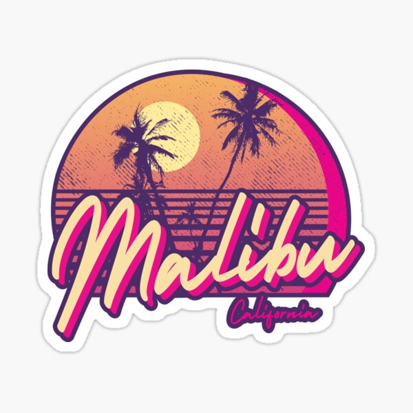 Vista previa del artículo con la obra «Gráfico retro de puesta de sol en la playa de Malibú, California», diseñado y vendido por Si Li.