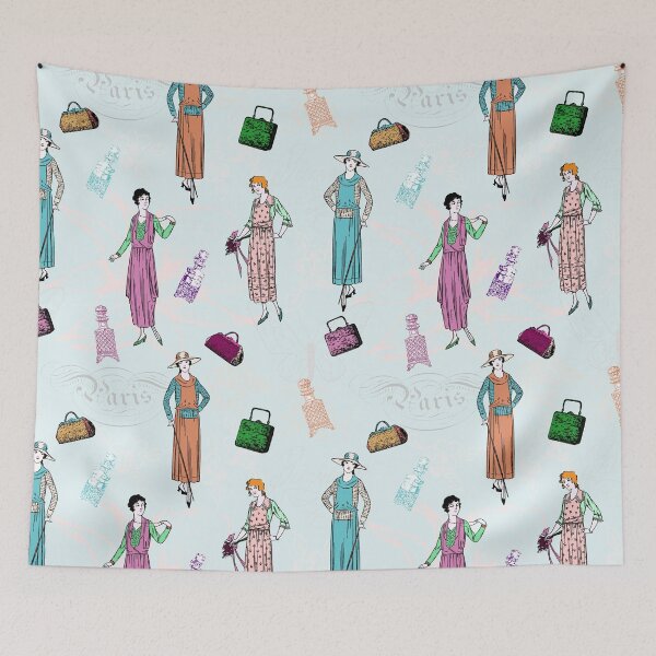 Item preview, Vintage Paris Ladies Fashion Vector Seamless Pattern with Liquor Bottles Handbags in Background of French Calligraphy Flowers Birds and Butterflies.  designed and sold by LizzyizzyDesign.