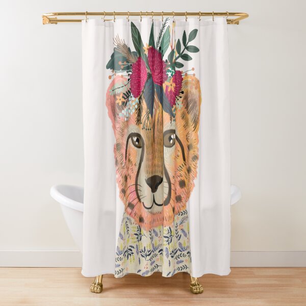 Cute Cheetah with flowers on head, wild animal with floral crown in the jungle Shower Curtain