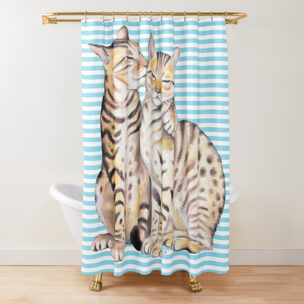 "Bengal Cats Love Watercolor Blue Pinstripe" Shower Curtain for Sale by