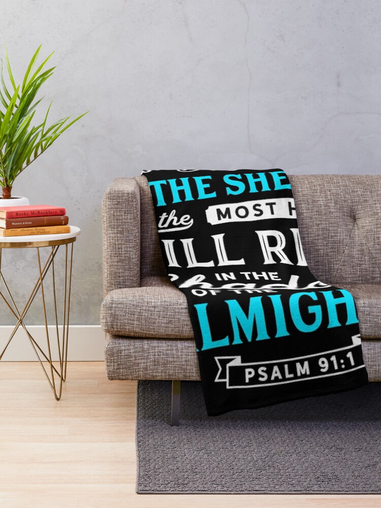 Thumbnail 2 of 6, Throw Blanket, Psalm 91 Bible Verse Quote Almighty Protection Refuge Art designed and sold by CreatedByHeidi.