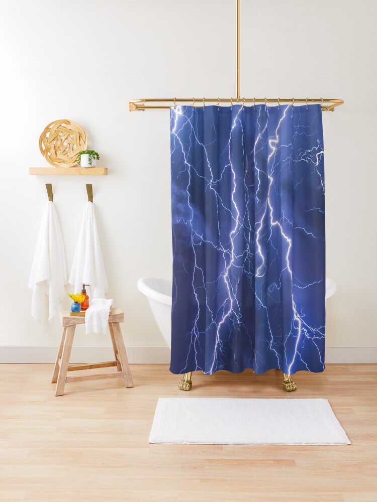 Thumbnail 1 of 5, Shower Curtain, Dazzling blue lightning designed and sold by SkyDiary.