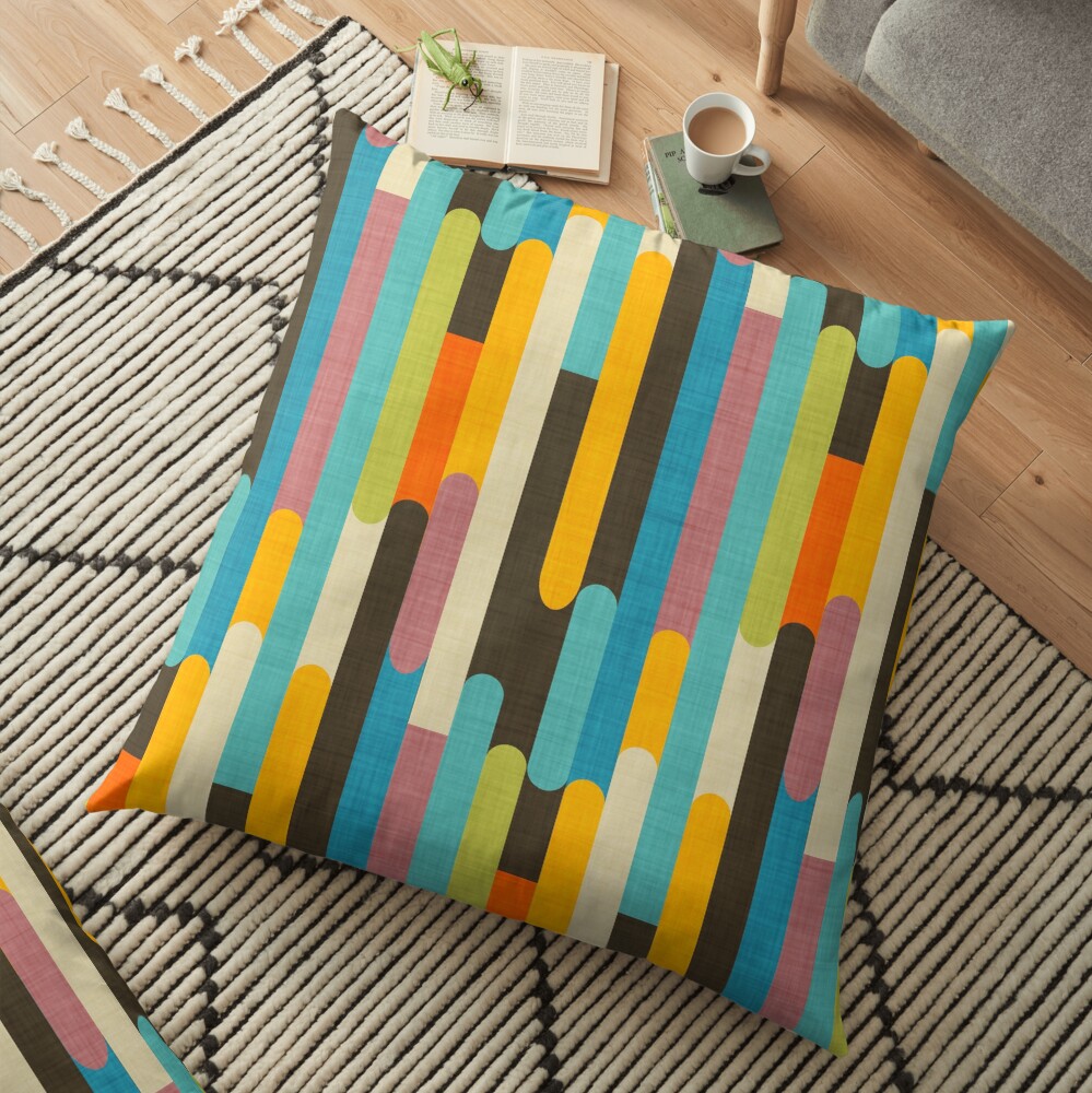 Retro Color Block Popsicle Sticks Blue Floor Pillow