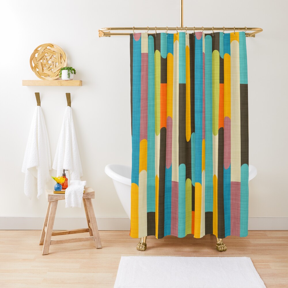 "Retro Color Block Popsicle Sticks Blue" Shower Curtain for Sale by