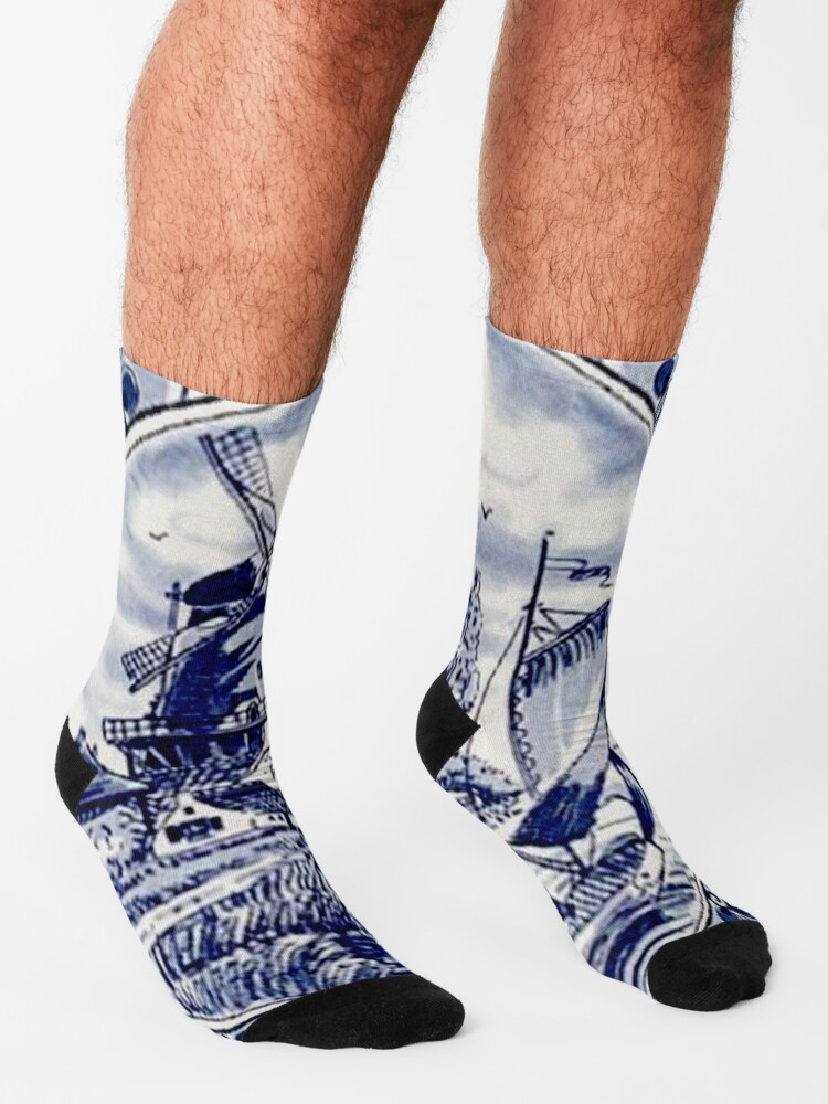 Alternate view of DUTCH BLUE DELFT: Vintage Windmill Print Socks