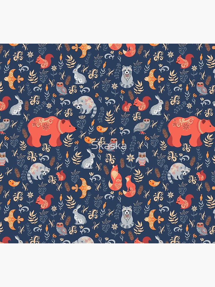Fairy-tale forest. Fox, bear, raccoon, owls, rabbits, flowers and herbs on a blue background. by Skaska
