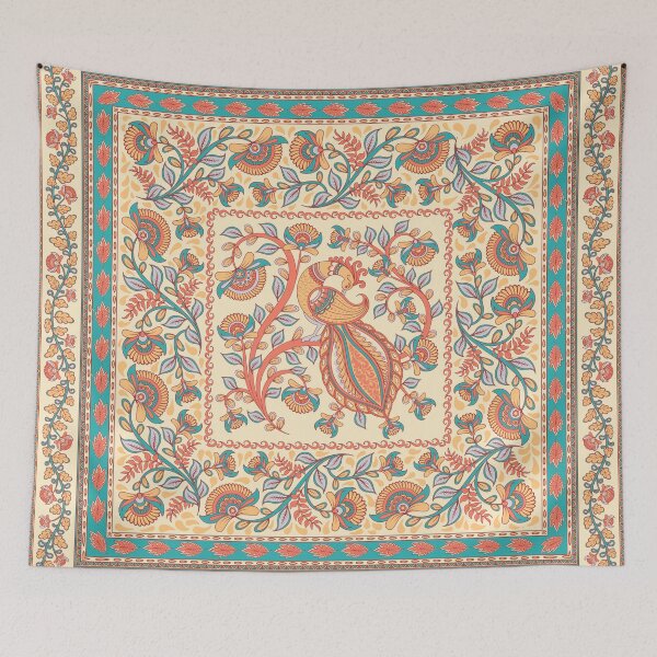 Item preview, Square decorative design with bird, flower branches, ornaments and frames. Indian style. Kalamkari. designed and sold by Skaska.