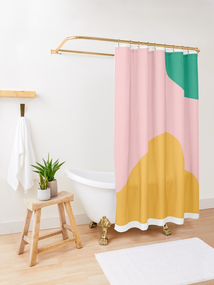 Disover simple geometric abstraction with pink, yellow and green | Shower Curtain