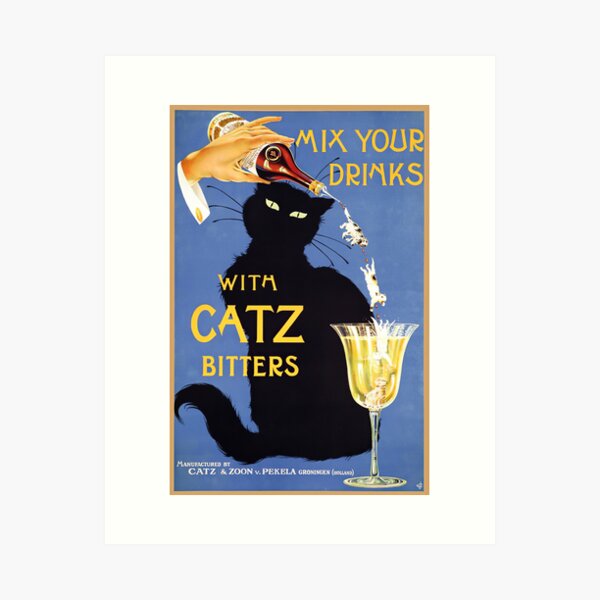 Whimsical vintage liquor black cat ad for bitters Art Print