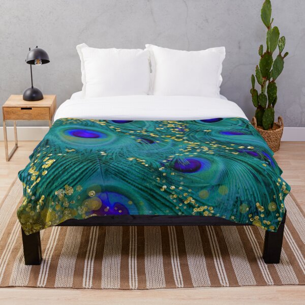 Dreamy peacock feathers, teal and purple, glimmering gold Throw Blanket