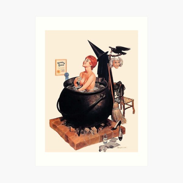 Pin up young witch on bath, vintage Halloween greetings Art Print