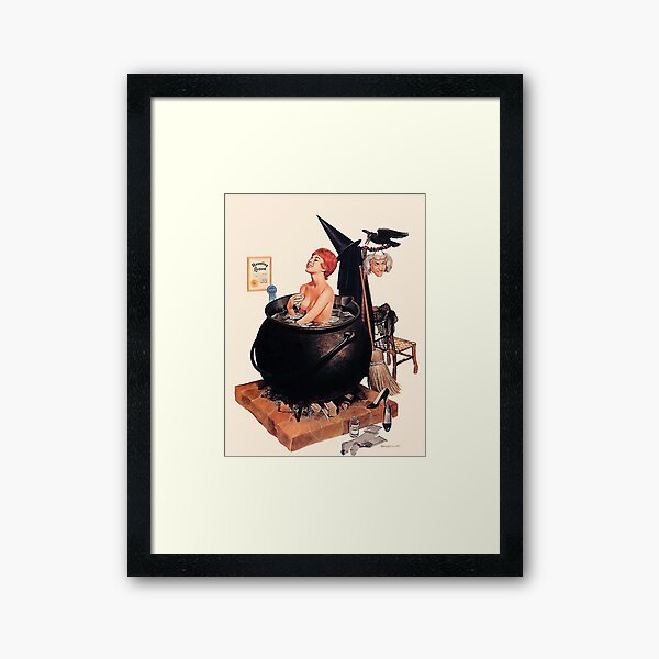 Pin up young witch on bath, vintage Halloween greetings Framed Art Print