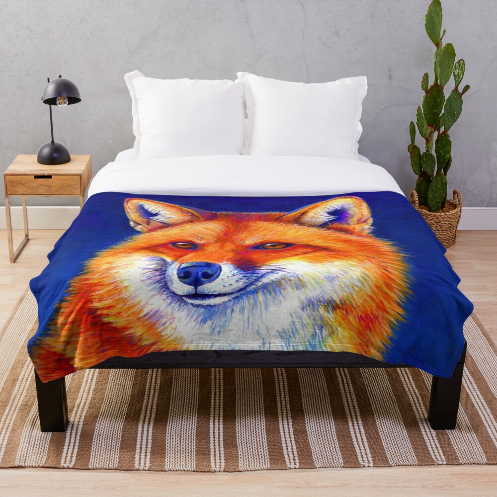 "Vibrant Flame Colorful Red Fox" Throw Blanket for Sale by
